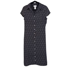 Amanda Lane Button Up Black and White Polka Dot Midi Dress With Cap Sleeves